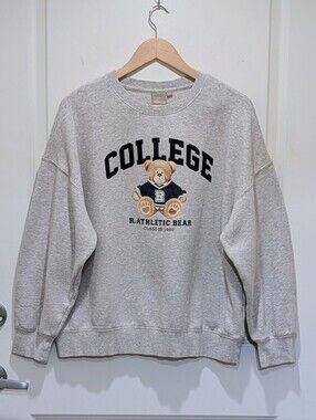 GUC SPAO Korea L Grey Cotton Blend Teddy Bear Graphic Crew Neck Sweater